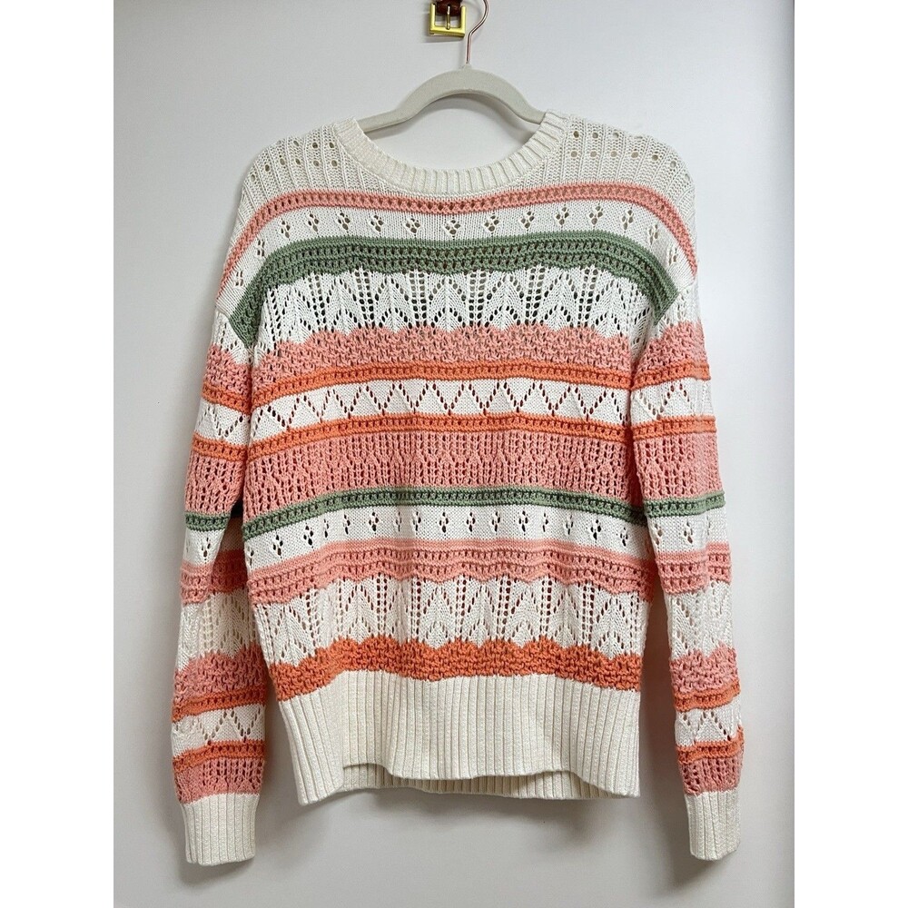 Ann Taylor LOFT Striped Crochet Knit Sweater Sz Small Coral Pink Dainty Feminine